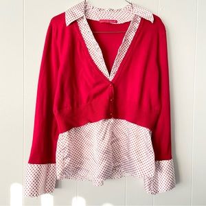 Debbie Morgan red white knit satin polka dot blouse long sleeve | medium